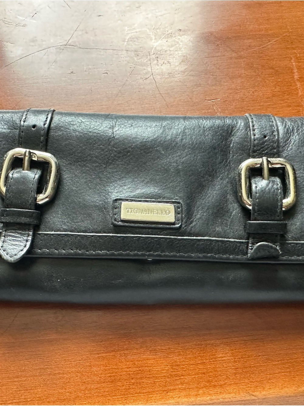 Tignanello Black Leather Wallet with Buckle Accents